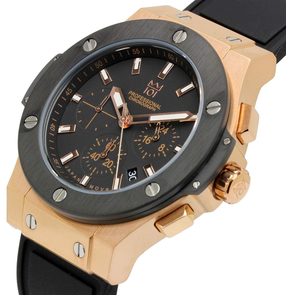 Часы Hyakuichi, водонепроницаемые, 100 м, хронограф, дисплей даты, резиновый ремешок, черный и розовое золото [HYAKUICHI 101] № 8, мужские