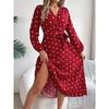 VEZFAA Women's Fashion Spring Fall Polka Dot Print Long Sleeve V-Neck High Waist Casual Dresses