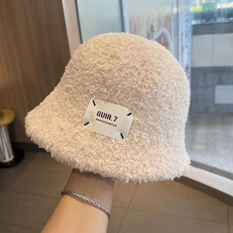 Lamb wool bucket hat women's winter face small thermal basin hat casual versatile short brim plush fisherman hat