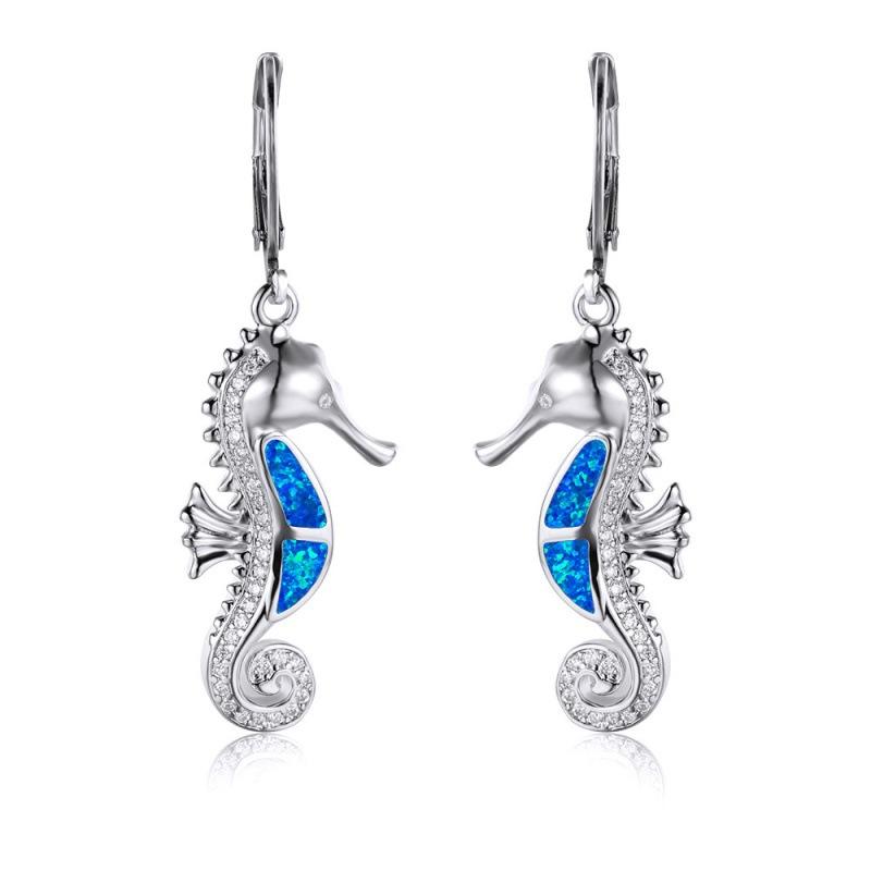 Wish Hot Ocean Wind Series Rose Gold White Gold Blue and White Opal Micro-set White Diamond Seahorse Versatile Earrings