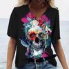 2022 New Women's T-shirts Skull Print Women's Short-sleeved Tops V-neck Pullover Streetwear Oversized T-shirts Summer Clothing