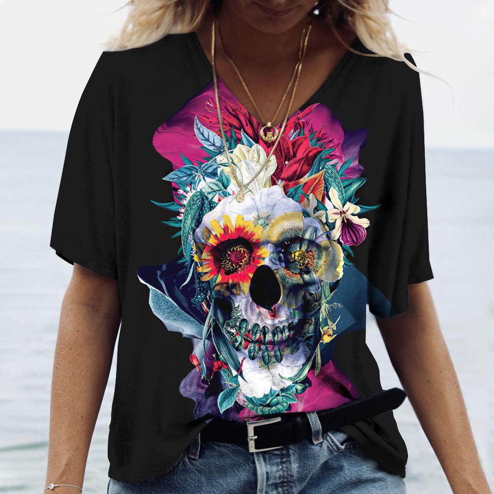 2022 New Women's T-shirts Skull Print Women's Short-sleeved Tops V-neck Pullover Streetwear Oversized T-shirts Summer Clothing