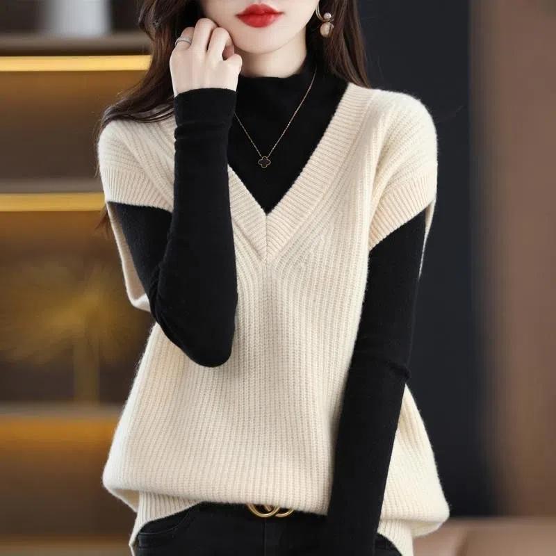 Knit Vest Women's V-neck Solid Color Top Loose Casual Pullover Pull Jumper Sleeveless Ted Bat Shirt All-match Harajuku Commuting Spring Autumn