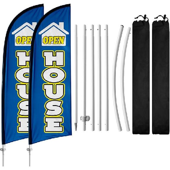 2 Pack Real Estate Agent Flags, 8FT Open House Signs with Flagpole Kit, Ground Stake, Windless Open House Supplies Flag Banner for Events,