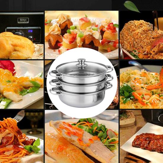 Набор из 3-х ярусных пароварок из нержавеющей стали с крышкой, пароварка, штабелируемая, экономящая место, визуальный дизайн крышки, ручка, многоцелевая кастрюля для готовки
