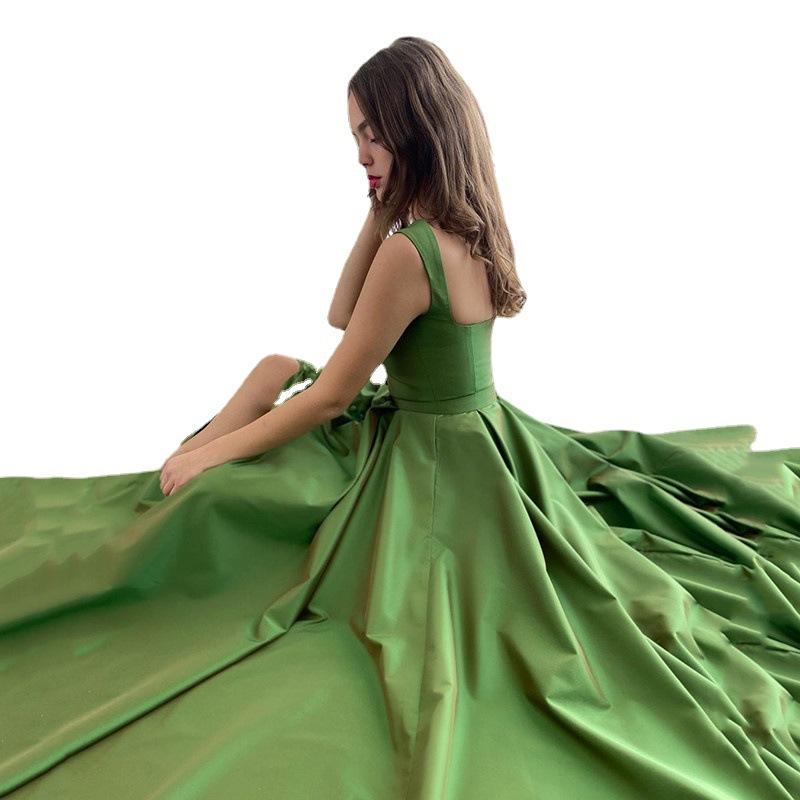 new dress design green satin A line ball dress elegant suspender sexy evening dress