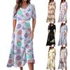 Ladies Casual Fashion Gradient Print V-Neck Short Sleeve Waist Long Swing Dress