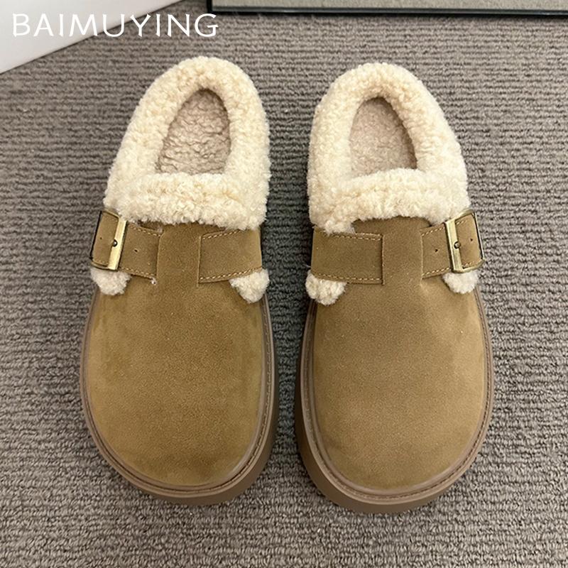 Меховые женские хлопковые тапочки на платформе из замши на плоской подошве, модные туфли-мюли, зимние туфли с открытой пяткой, женские туфли 2025 года, тренд, удобные женские туфли