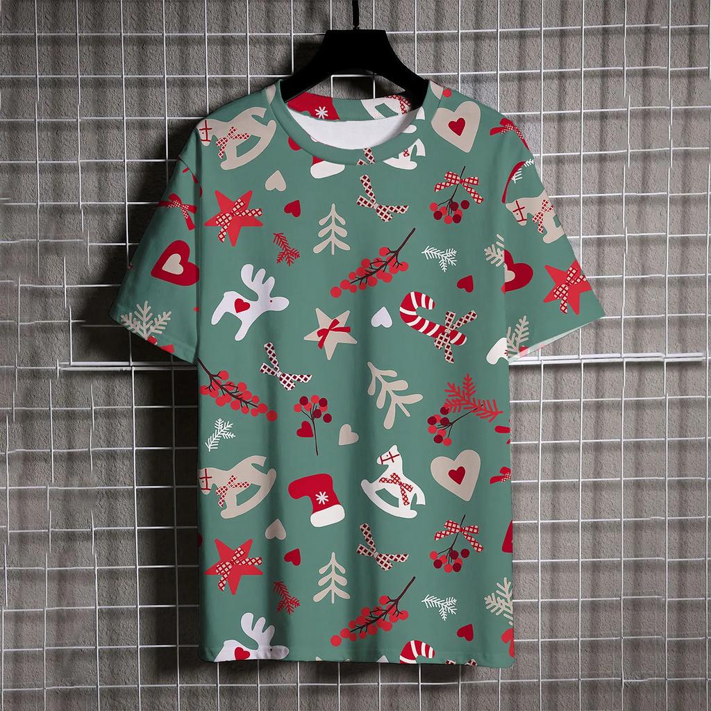 Santa Claus Print T Shirt For Men Cartoon Snowman Pattern Short Sleeve Loose Top Casual O-neck Boys and Girls Tee X'mas Clothing