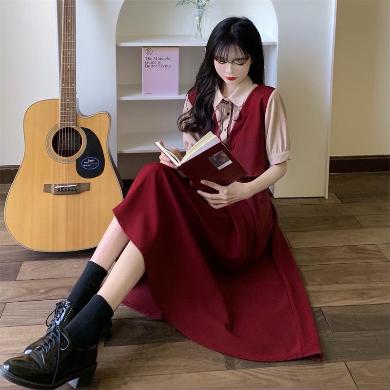 Женское ретро платье пэчворк мини на лето: Стиль колледжа, Короткий рукав, Большой размер, Свободный крой, Стройнящий эффект двух предметов