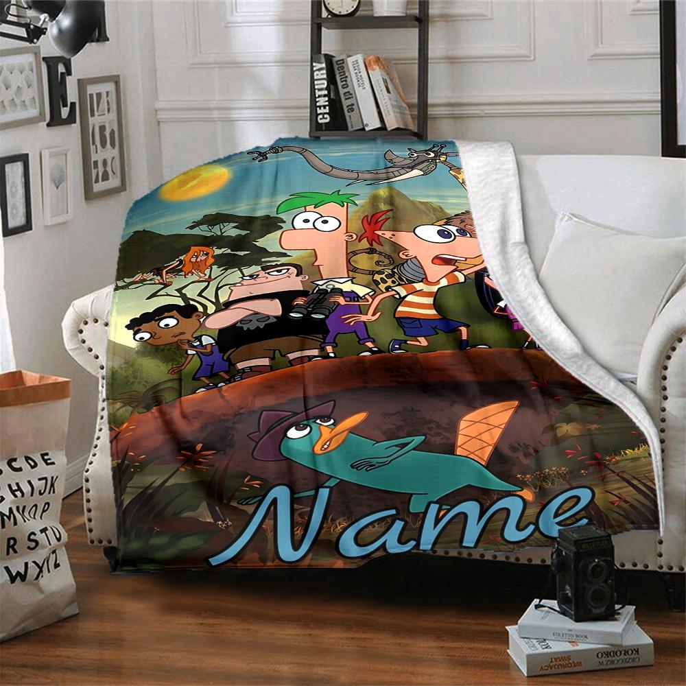 Custom Name Phineas Ferb's Backyard Adventure flannel Blanket for Super Soft Cute Comfort Blanket for Travel Bedding Couch Sofa Blanket