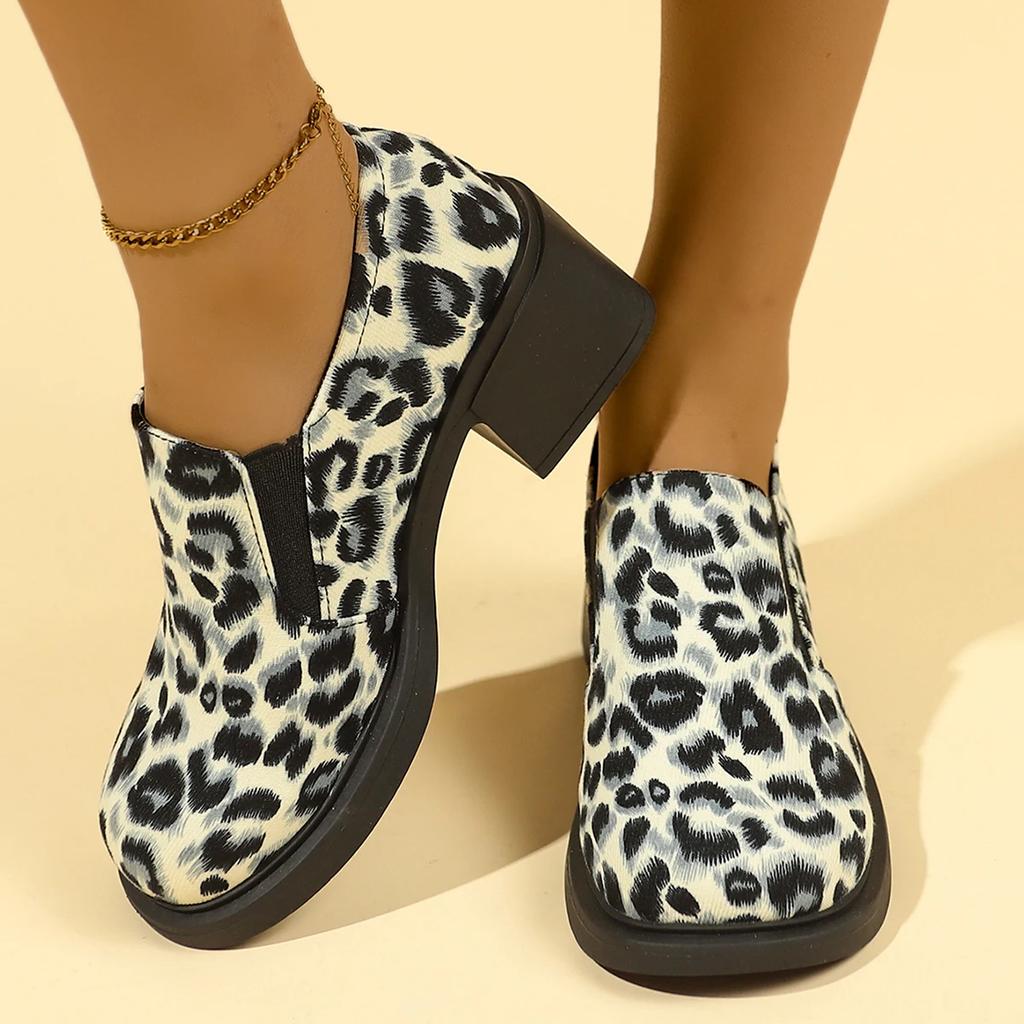 Весна 2025 Женские туфли на высоком каблуке Леопардовые лоферы Большой размер 36-42 Туфли-лодочки слипоны на толстом квадратном каблуке Женские готические туфли на толстой подошве