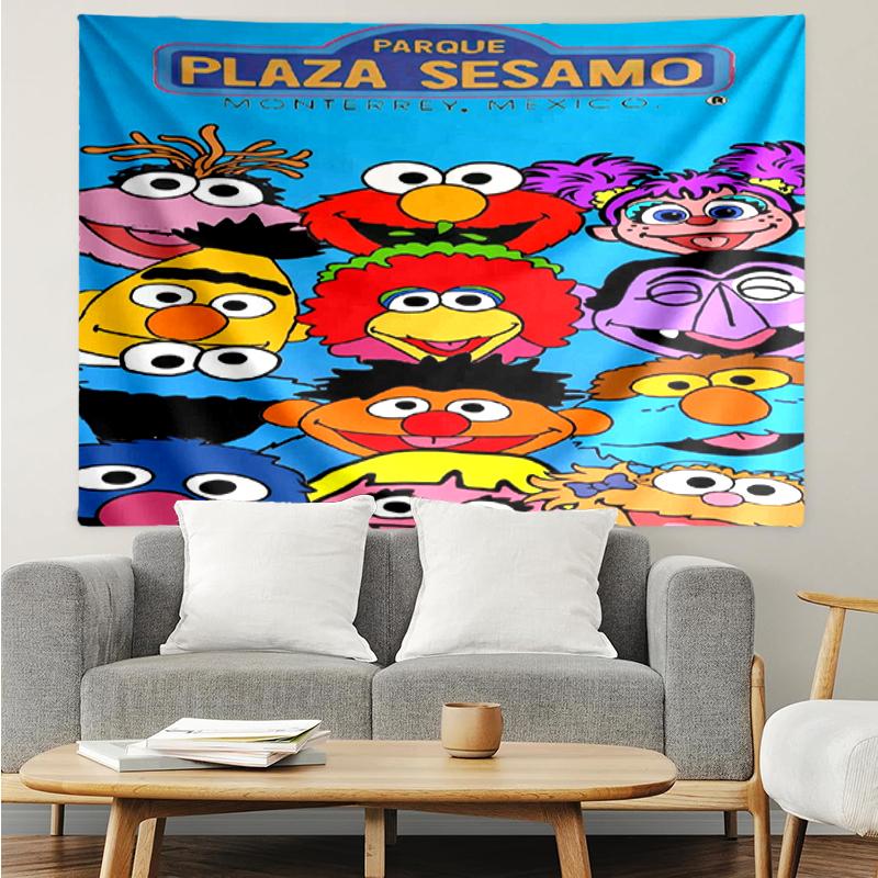 Sesame Street Print Tapestry, Backdrop, Easy Setup, Ideal for Bedroom, Office & Living Room, with Aesthetic Wall Hanging Decor.