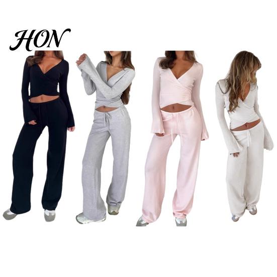 V Neck Slim Fit Tops Women Sweatshirt Pants 2-Piece Set, Top & High Solid Color Lounge Outfits Waisted Wide Leg Trousers, Outfit for Spring