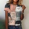 Женский летний повседневный топ с круглым вырезом, короткими рукавами и милым принтом кошки, модная трендовая одежда