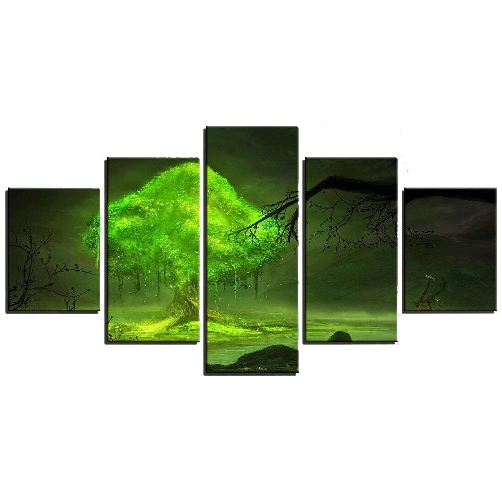 Wall Art Canvas Painting 5 Piece Prints Green Big Tree Posters Anime Plant Modular Pictures Home Decor Bedroom Decoration No Frame