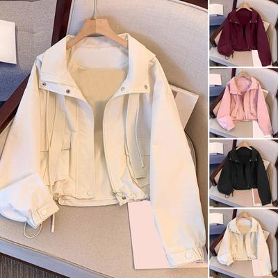 Женское пальто-карго с капюшоном, свободное однотонное пальто с длинными рукавами, застежкой-молнией, коротким типом, со шнурком и карманами, тонкая женская куртка для поездок на работу и обратно