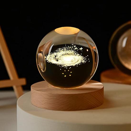 3D Galaxy Crystal Ball Night Lamp,Creative Engraved Crystal Ball Night Light, USB Table LED Wooden Crystal Ball for Home Office Decoration