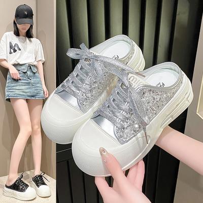 Модные тапочки Baotou на толстой подошве со шнуровкой 2024 года, летняя мода с блестками, повседневная, удобная, дышащая обувь