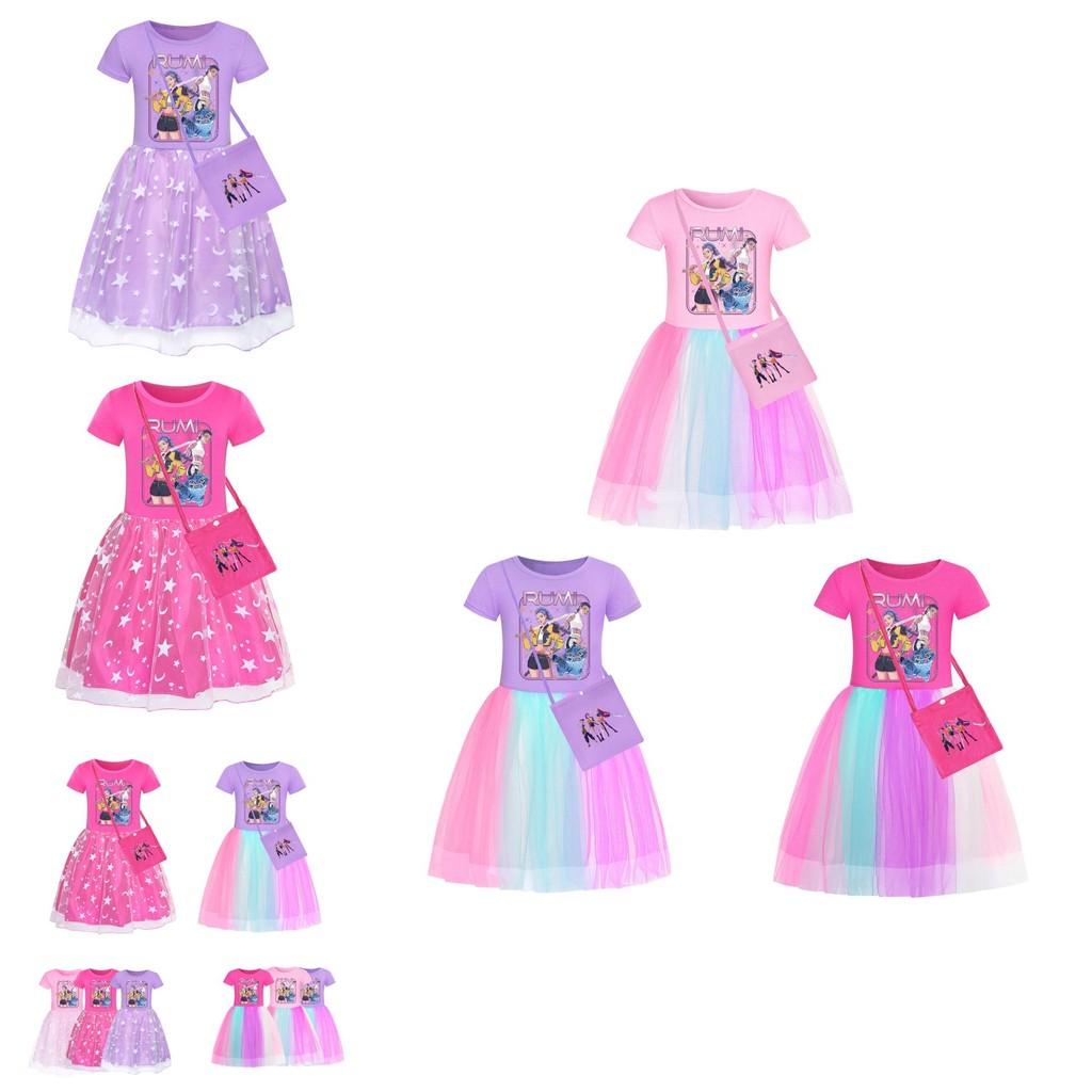 Kpop Demon Hunters Pattern Girl Dress With Cotton Fabric And Pleated Skirt For Kids Girls