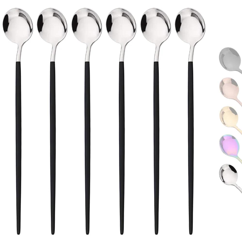 6 шт. Ложки для перемешивания кофе Набор столовых приборов Посуда Ложки для чая Сок Черное золото Посуда Ложка с длинной ручкой для мороженого Кухонные инструменты