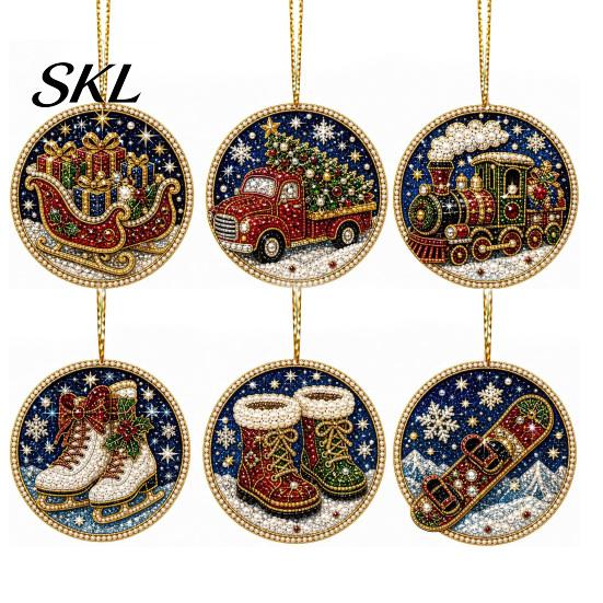 Christmas Door Wall Decor 6 Pcs Pearl Art Ornaments, 2D Flat Acrylic Holiday Tree Pendant, Santa Hanging Ornaments Effect Decoration for Home