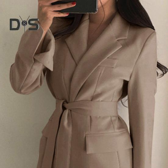 Весна Осень Костюм Пальто Длинный Рукав Шнуровка Ремень Талия Костюм Пиджак Однотонный Цвет Карманы Клапаны Средняя Длина Деловая Верхняя Одежда