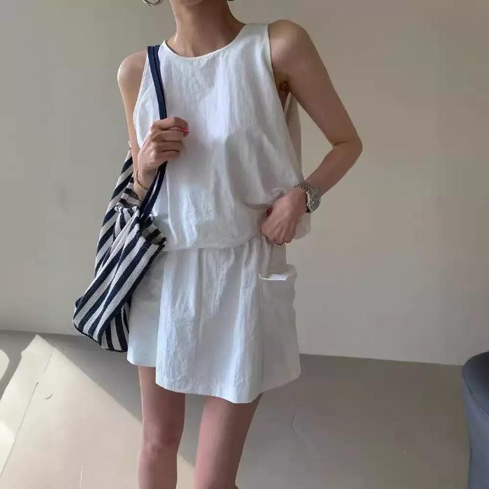 2025 Korean Summer Sleeveless Tank & Wide Leg Shorts Skirt Set