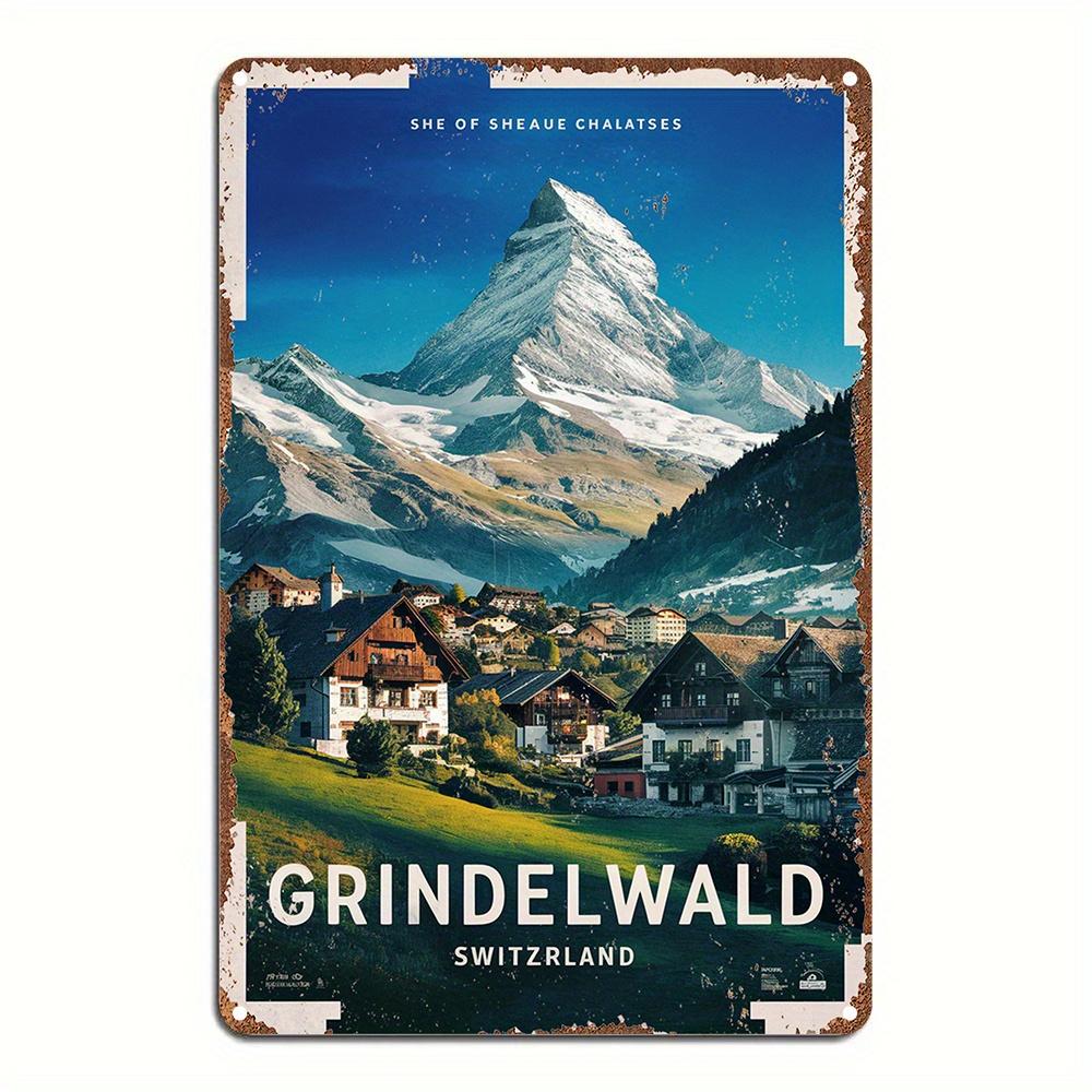 Винтажная железная настенная табличка Grindelwald Швейцария Ретро-искусство с альпийским горным пейзажем Деревенский металлический декор для домашнего бара кафе