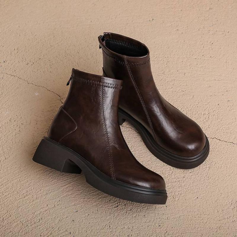 Korean Version of the New Round Head Medium Heel Thick Sole Large Size Medium Boots Women's Solid Color Non-slip Square Heel Zipper Autumn and Wint