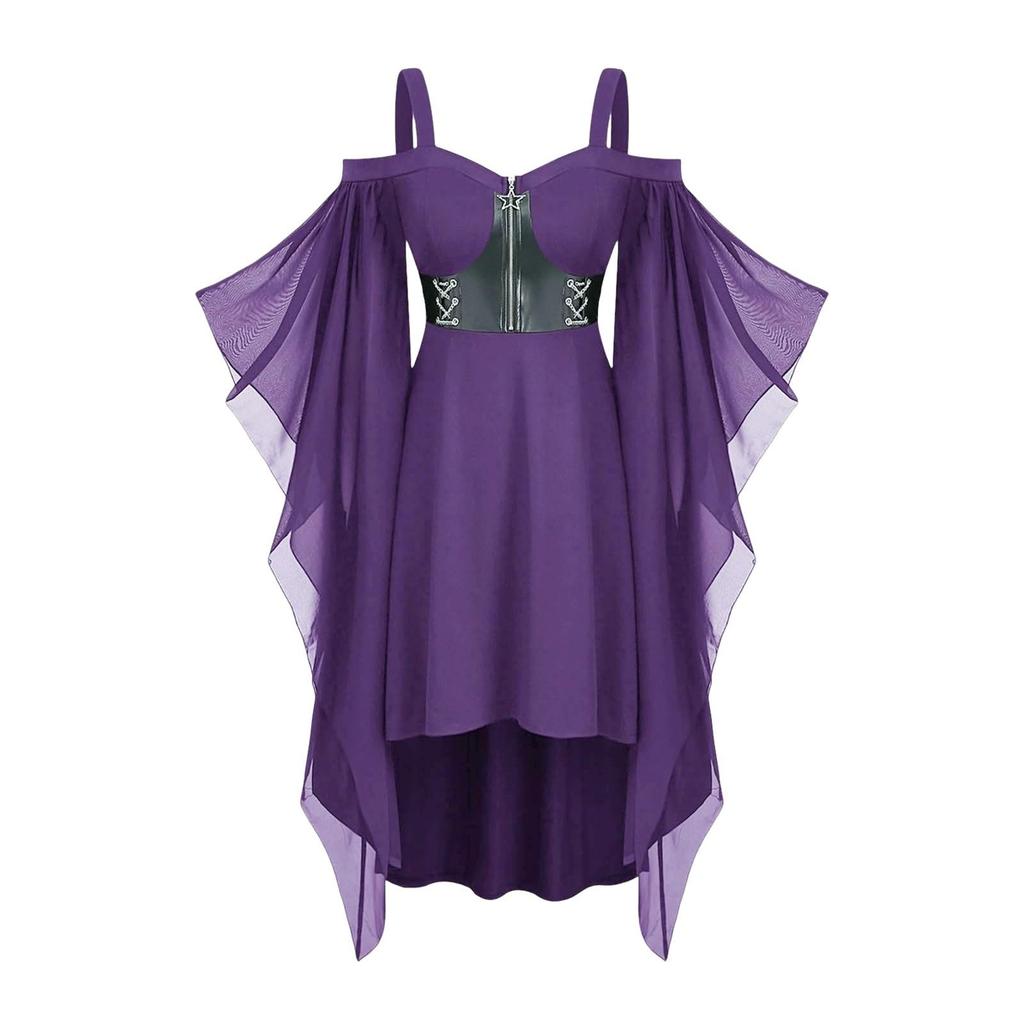 Women’s Cool Solid Gothic Lace Insert Butterfly Sleeve Dress