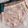 Smooth Satin See-through Lace Stitching Briefs Sexy Bowknot Decor Mid-rise Hip Lifting Breathable Thin Women Panties