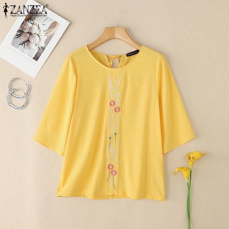 ZANZEA Women Casual Round Neck Floral Embroidery Loose Half Sleeve Blouse