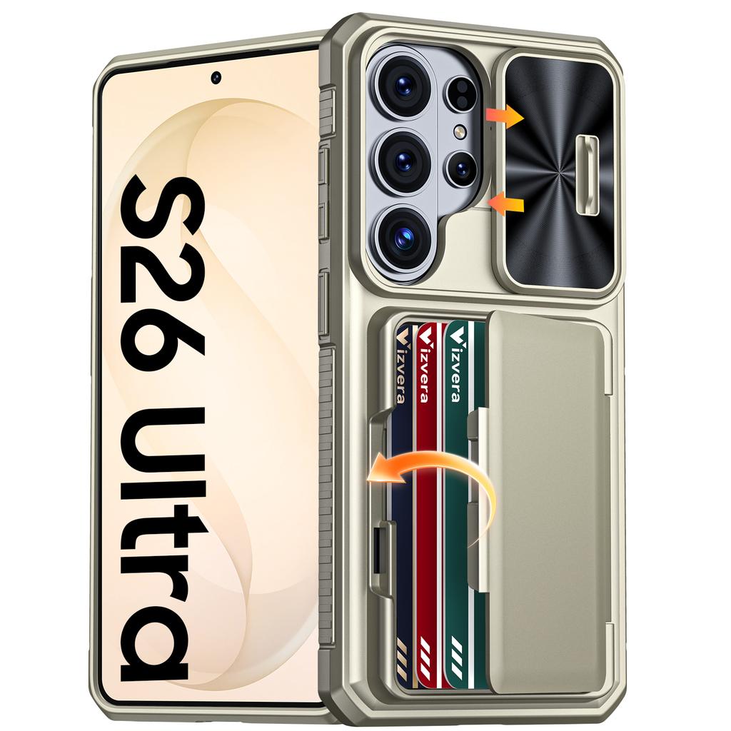 Чехол-кошелек для телефона Samsung Galaxy S26 Ultra с держателем для карт, выдвижной крышкой для камеры и подставкой, противоударный PC+TPU - Цвет: Шампанское