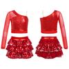 Kids Girls Dance Stage Performance Costume Sparkly Sequins Long Sleeve One Shoulder Top with Tiered Ruffle Skirted Shorts