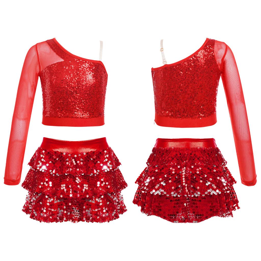 Kids Girls Dance Stage Performance Costume Sparkly Sequins Long Sleeve One Shoulder Top with Tiered Ruffle Skirted Shorts