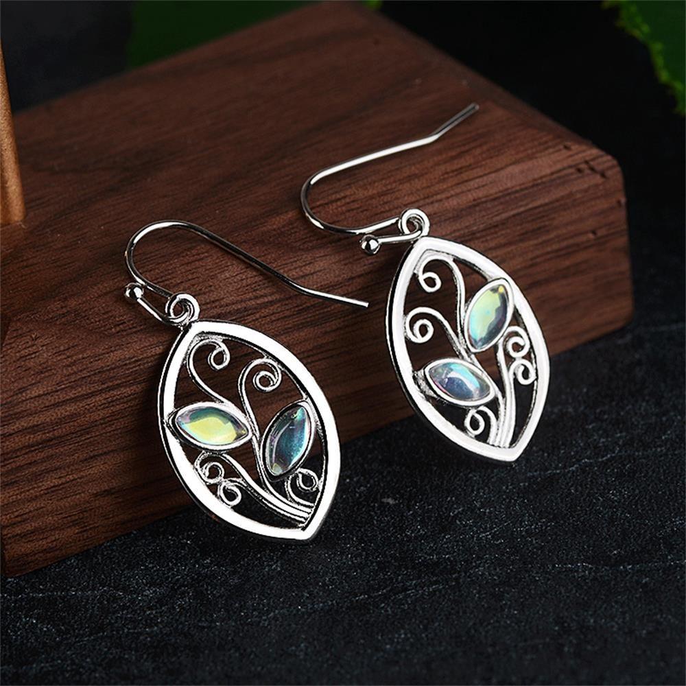 Charm gift Chic Hook Dangle Multi-Gemstone Ear Stud Rainbow Moonstone Earrings Leaf
