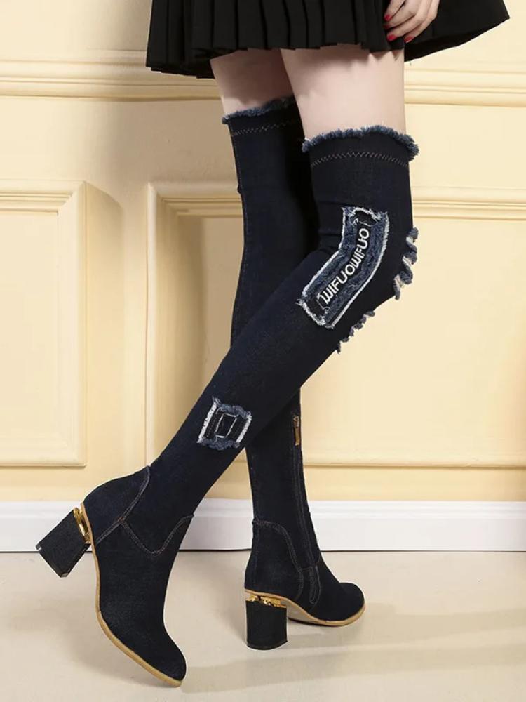 Женские джинсовые сапоги выше колена с острым носком на толстом высоком каблуке, женские осенние повседневные джинсы с кисточками, длинные сапоги Botas Mujer