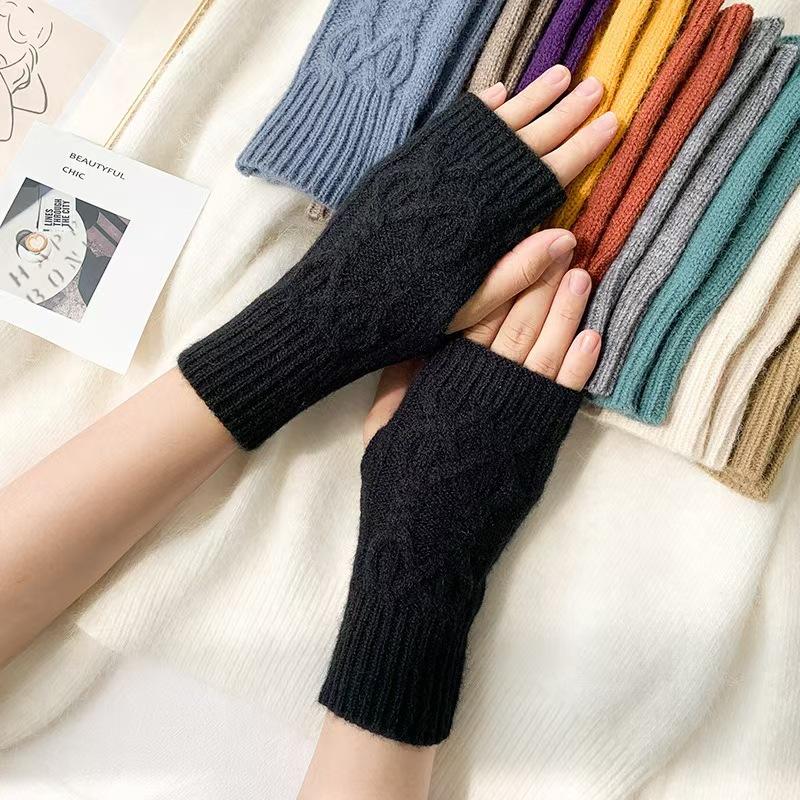Autumn Winter Knitted Fried Dough Twists Warm Gloves for Women Solid Color Soft Skin Thickened Half Finger Gloves Wrist Washable
