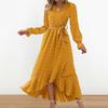 Women Spring Fall Dress Dot Applique Solid Color V Neck Belted Tight High Waist A-line Irregular Ruffle Hem Bohemian Flowy Wedding Party Maxi Dress