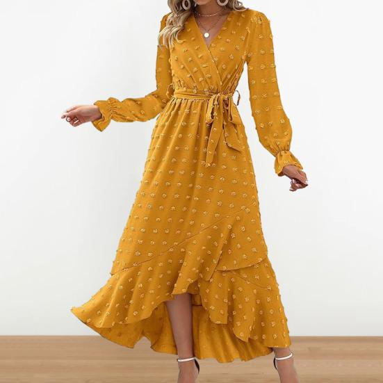 Women Spring Fall Dress Dot Applique Solid Color V Neck Belted Tight High Waist A-line Irregular Ruffle Hem Bohemian Flowy Wedding Party Maxi Dress