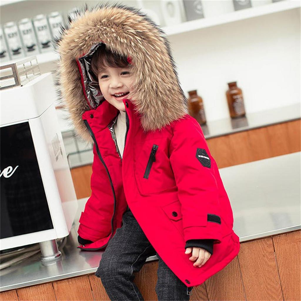 Winter Boys White Down Jacket Coat Baby Fur Collar Hooded CottonThicken Warm Soild Color Jacket For Children's Outwear Kids Clothes