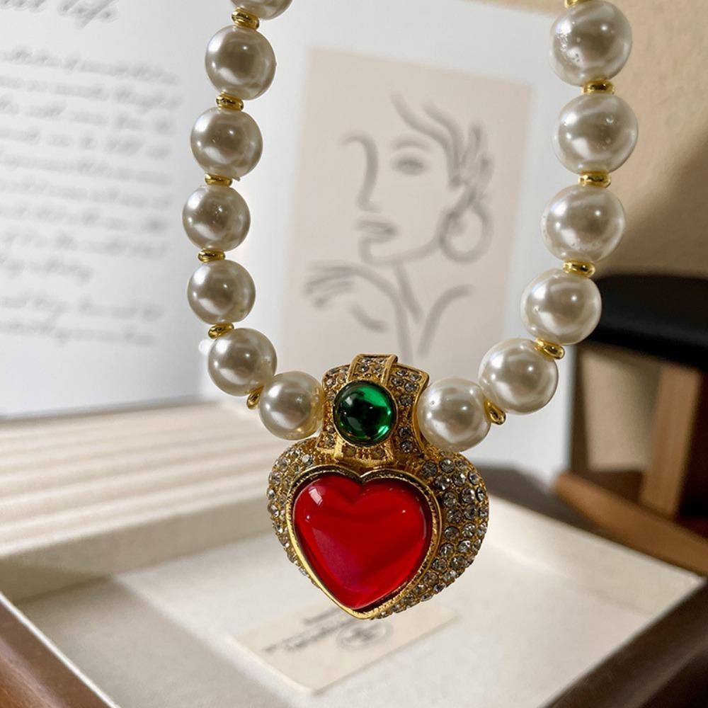 Винтажное жемчужное ожерелье-цепочка, жемчужный чокер, жемчужная цепочка на ключицу, кулон в виде красного хрустального сердца, женское