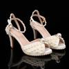 Luxury All Pearls Rhinestones Peep Toe Women Sandals Fashion Ankle Strap Platform Thin High Heels Elegant Bridal Wedding Shoes