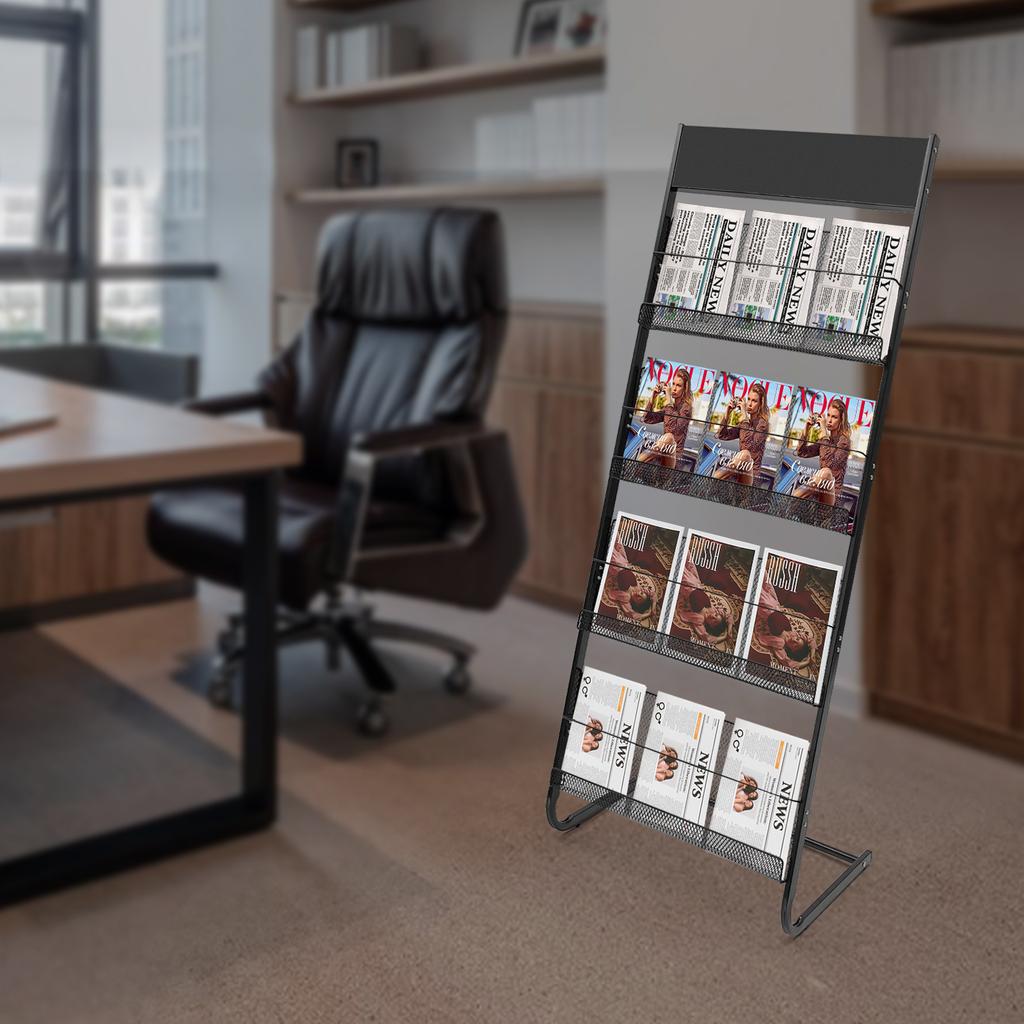 4-Tier Floor Standing Magazine Rack, Modern Iron Periodical Holder for Living Room Organization, Black Storage Display Stand