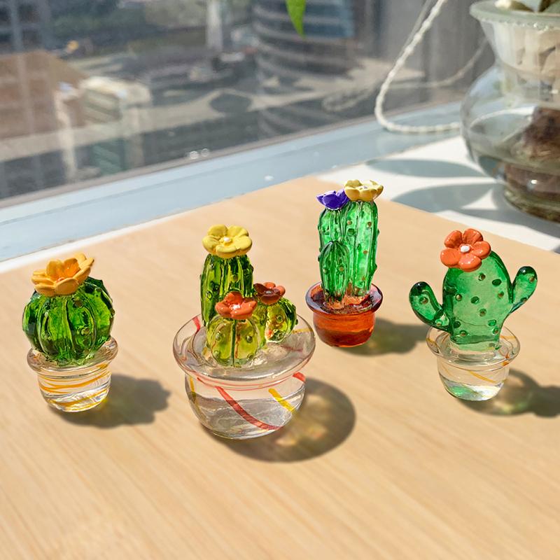 Glass Cactus Figurines Ornaments Mini Bonsai Decor Cute Miniature Desktop Craft