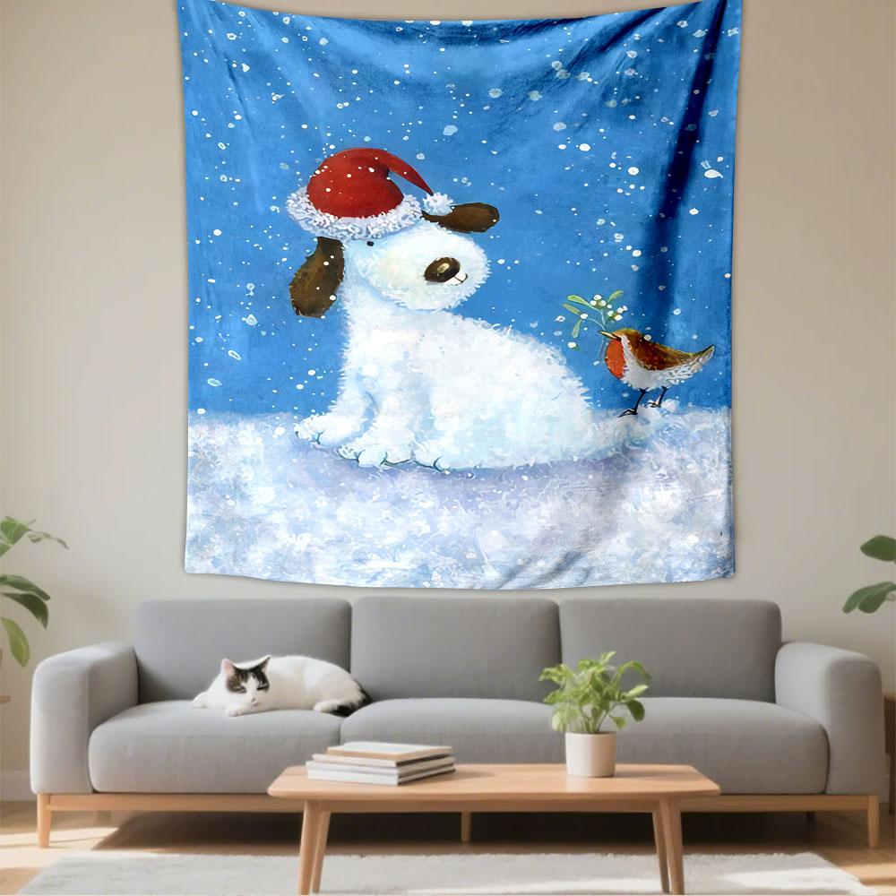 A snowy dog wearing a Santa hat with a bird holding mistletoe nearby. Patterned tapestry for bedroom and living room home decor