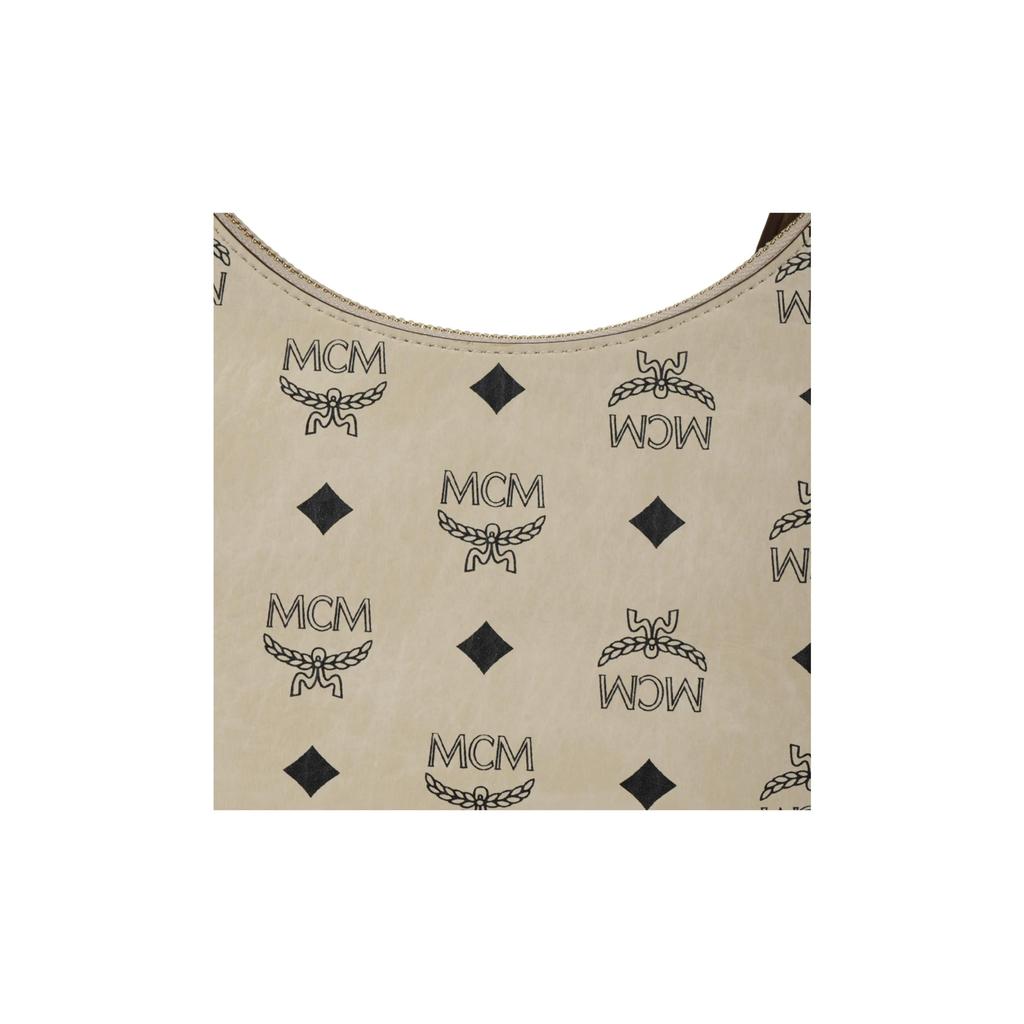MCM Aren Visetos Сумка через плечо с монограммой Half-Moon, полный принт, кожаная, маленькая, унисекс, стиль для пары, бежевая