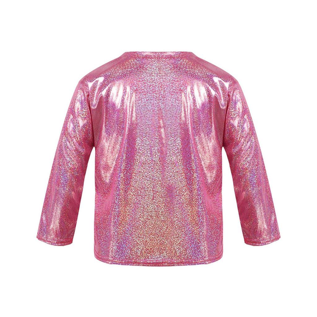 Unisex Kids Metallic Bronzing Cloth Tshirt Long Sleeve Loose Fit Round Neck Top for Parties Performances