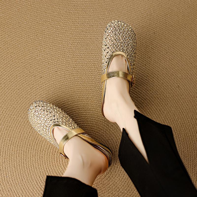 Fashion 2025 New Summer Slippers Sheepskin Shoes for Women Fashion Hollow Out Mules Round Toe Med Heels Cover Toe Slippers Sandals